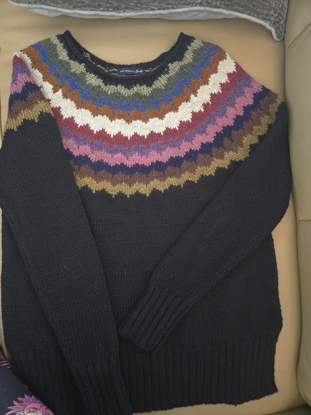 American Eagle Outfitters Black Crewneck Sweater with Multicolor Fair Isle Yoke